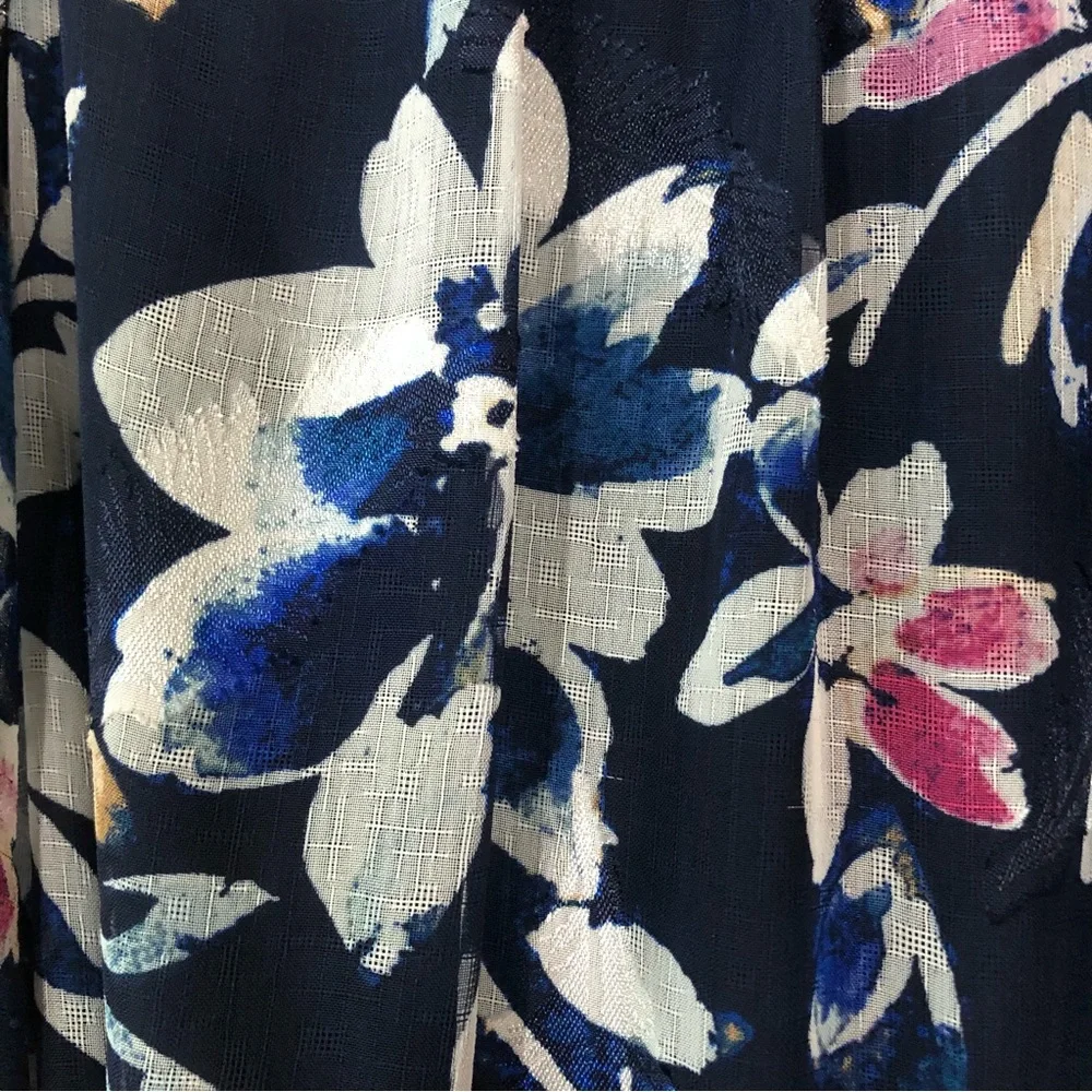 DKNY Floral Long Sheer Sleeve A Line Midi Modest Belted Dress 2 Navy - Picture 7 of 13